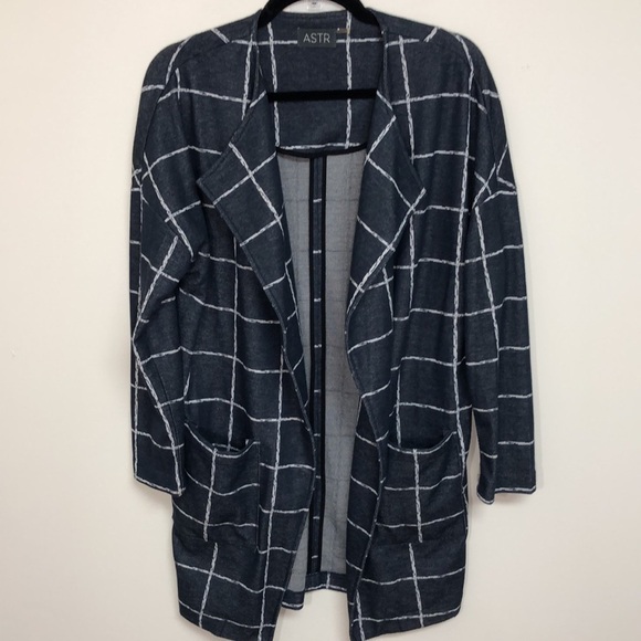 ASTR Jacket Open Front Plaid Blue Check Windowpane Navy XS‎ - Picture 2 of 6